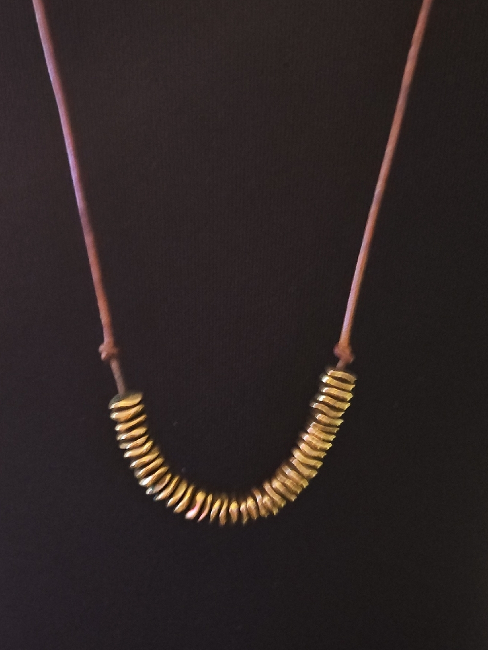 Gold Disc Bead Necklace on Brown Leather Cord